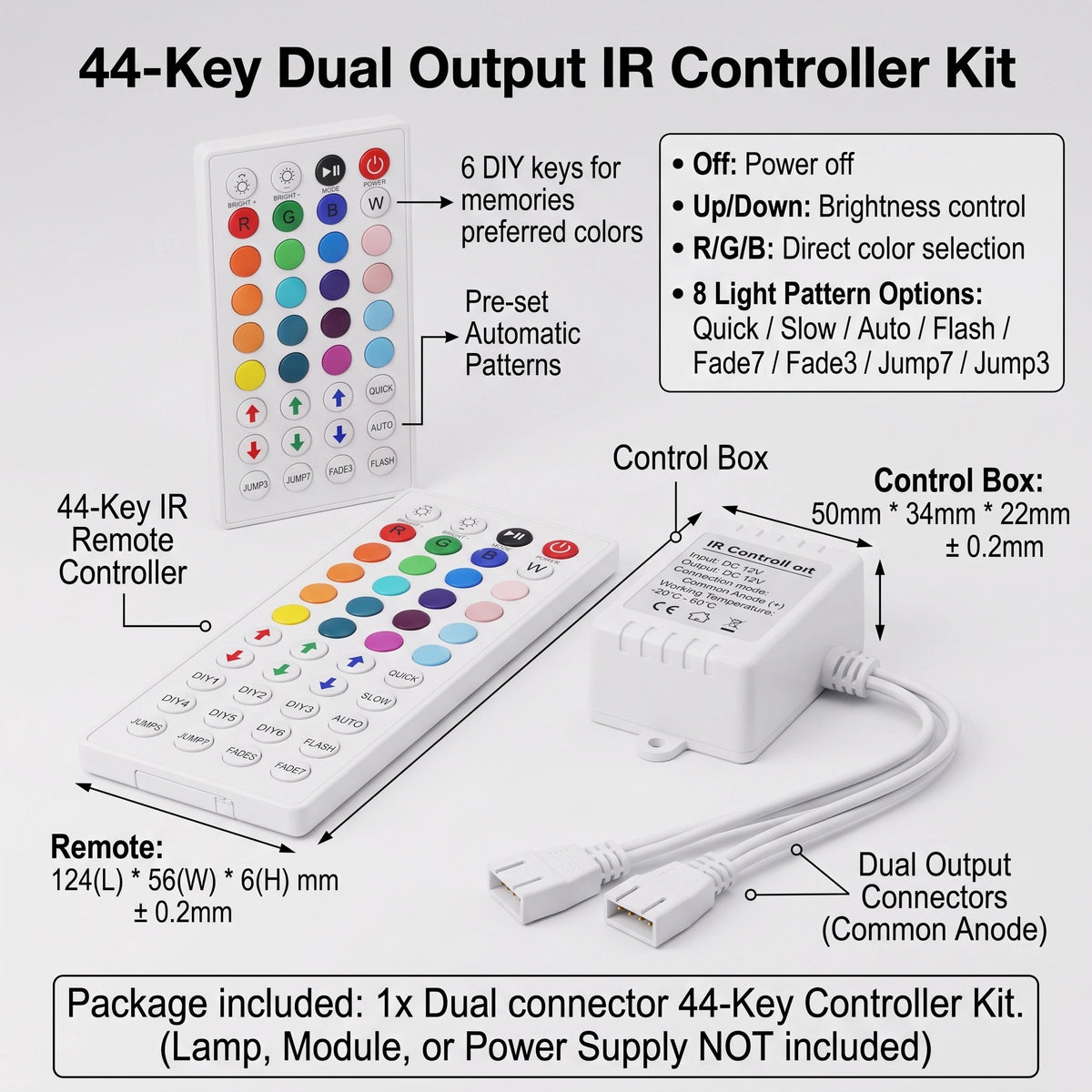 Premium 44-Key IR Remote Controller | 12V Dual Connector RGB Control Box