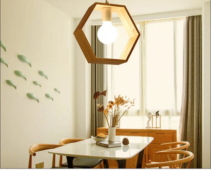 Modern Geometric Wood Pendant Light | Triangle & Hexagon E27 Hanging Lamp for Dining Room