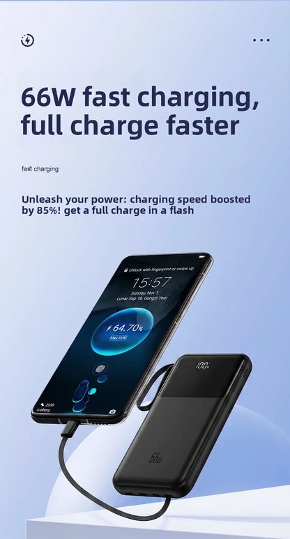 Premium 20000mAh Portable Power Bank | 66W Fast Charge & 4 Built-In Wires