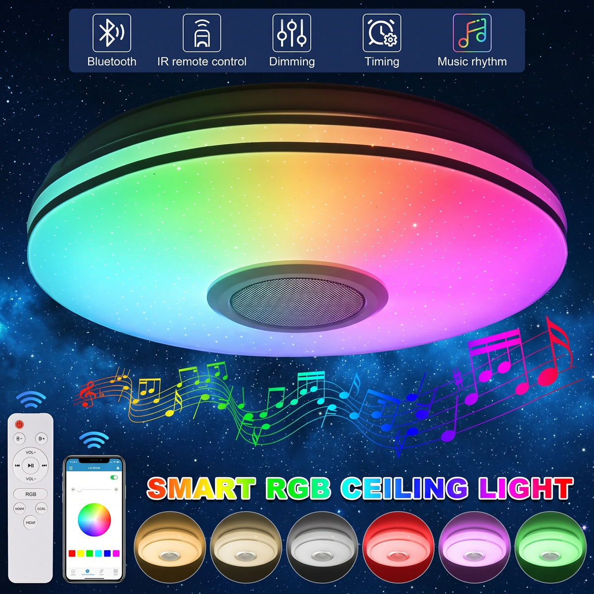 Premium RGB Smart Ceiling Light with Bluetooth Speaker | Dimmable Starlight Lamp