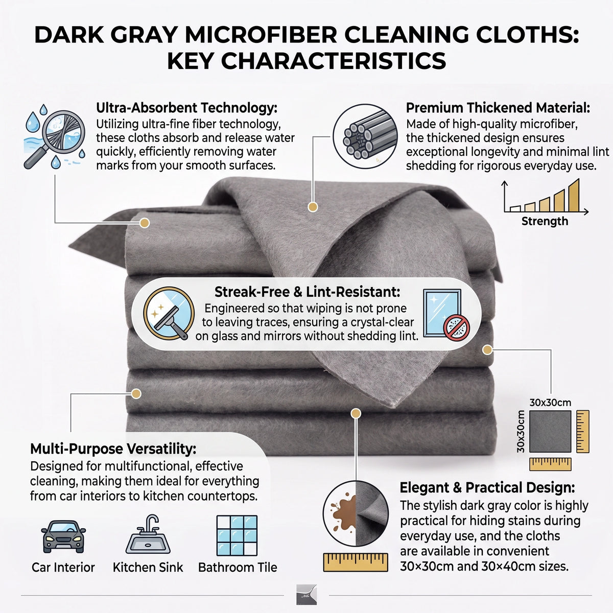 Premium Dark Gray Microfiber Cleaning Cloth | Highly Absorbent & Lint-Free for Glass and Mirrors