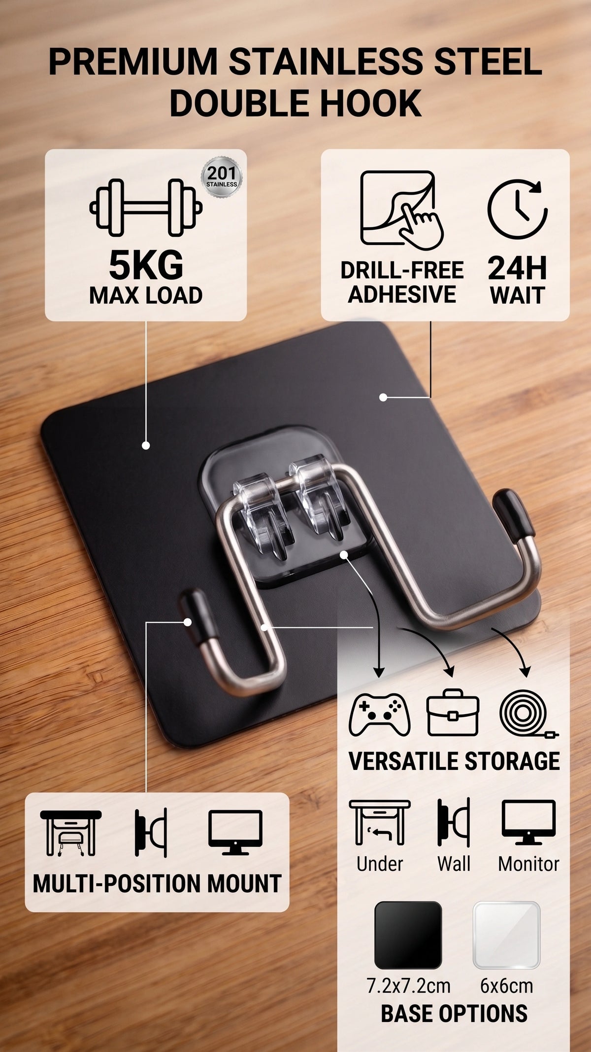 Modern Drill-Free Stainless Steel Wall Hook | Heavy-Duty Organizer for Tech & Bags