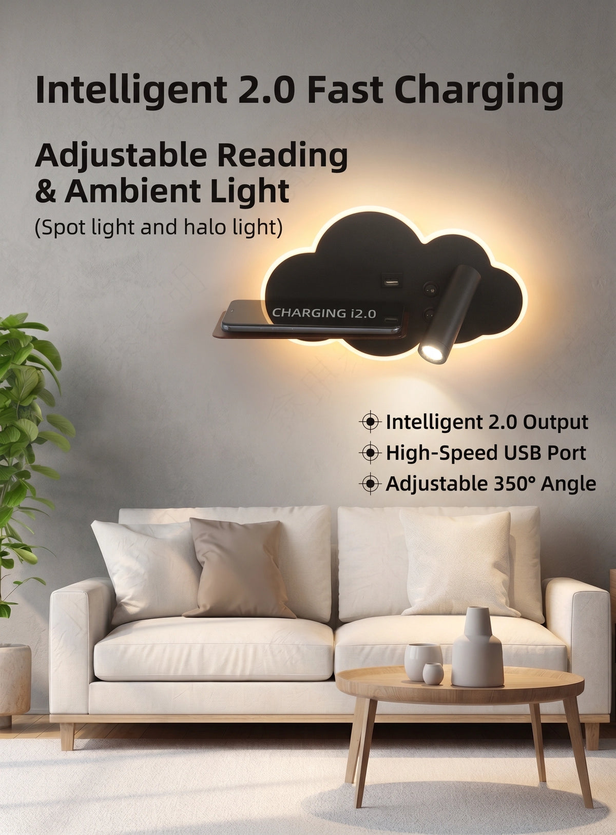 Minimalist Cloud Wall Lamp | 350° Adjustable Reading Light & Floating Shelf