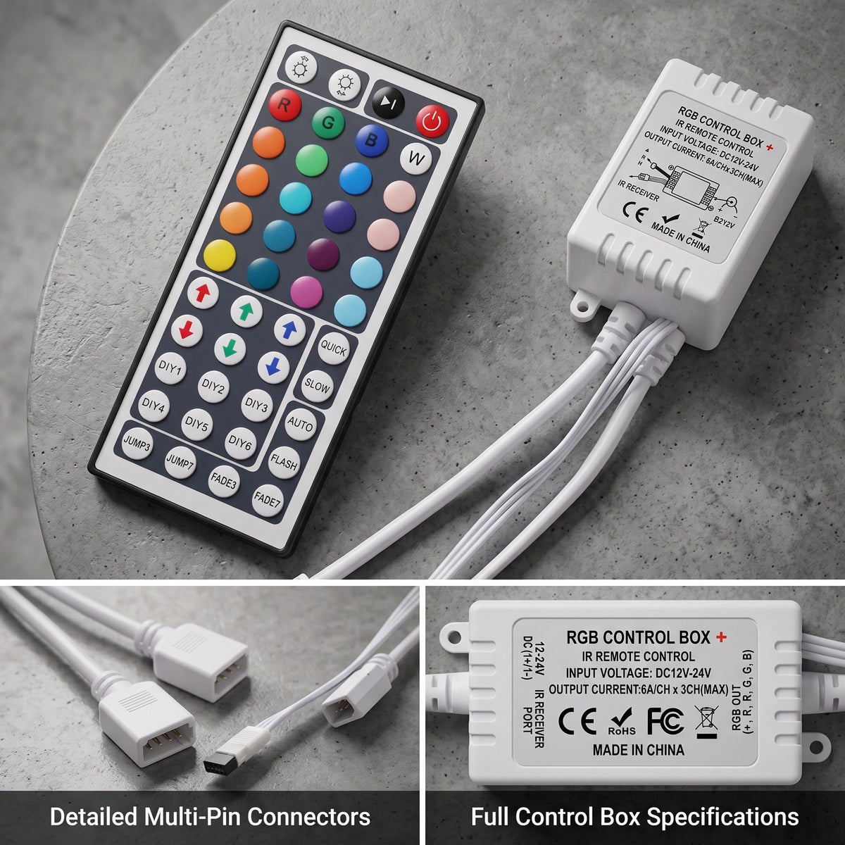 Premium 44-Key IR Remote Controller | 12V Dual Connector RGB Control Box