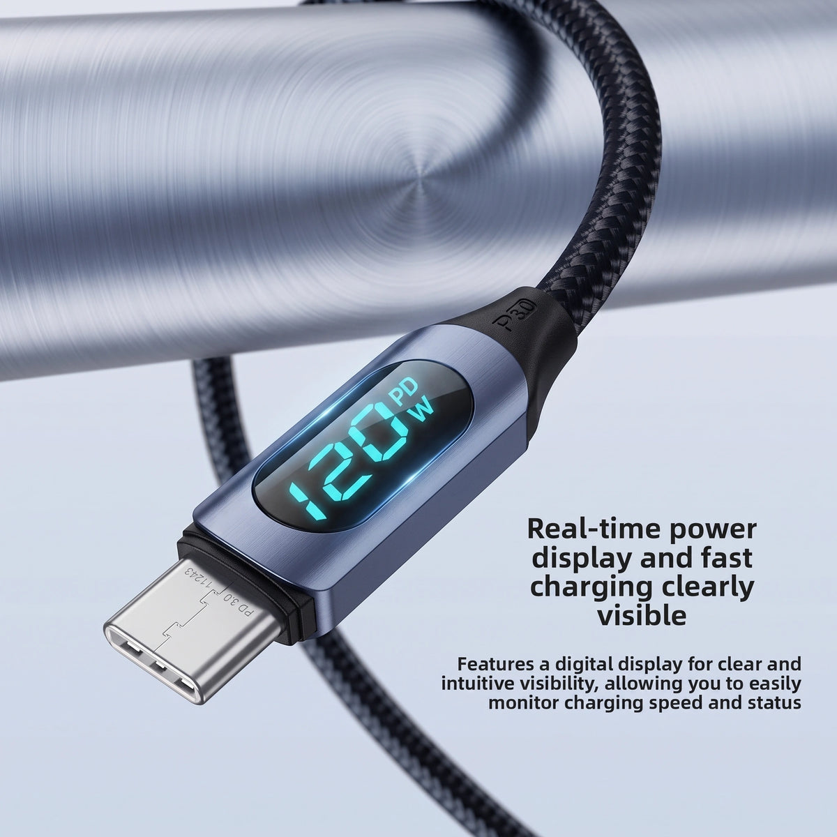 Premium Woven 120W Charging Cable | USB to Type-C with Real-Time Power Display