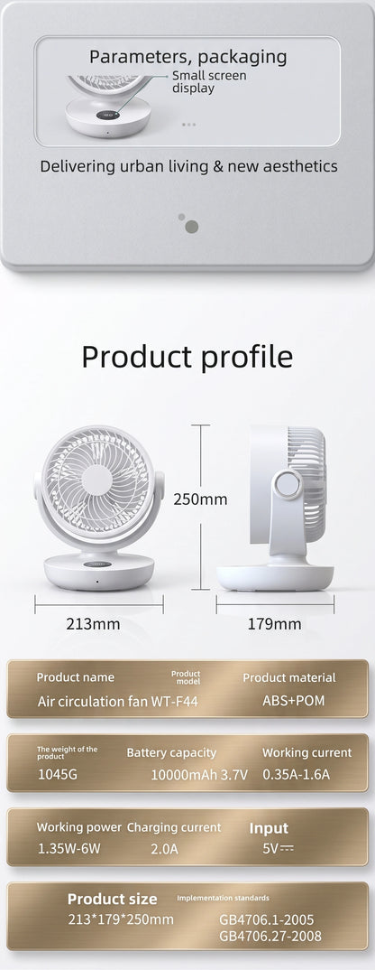 Premium Portable Air Circulator Fan | Ultra-Quiet 10000mAh Desk Fan for Bedroom & Office