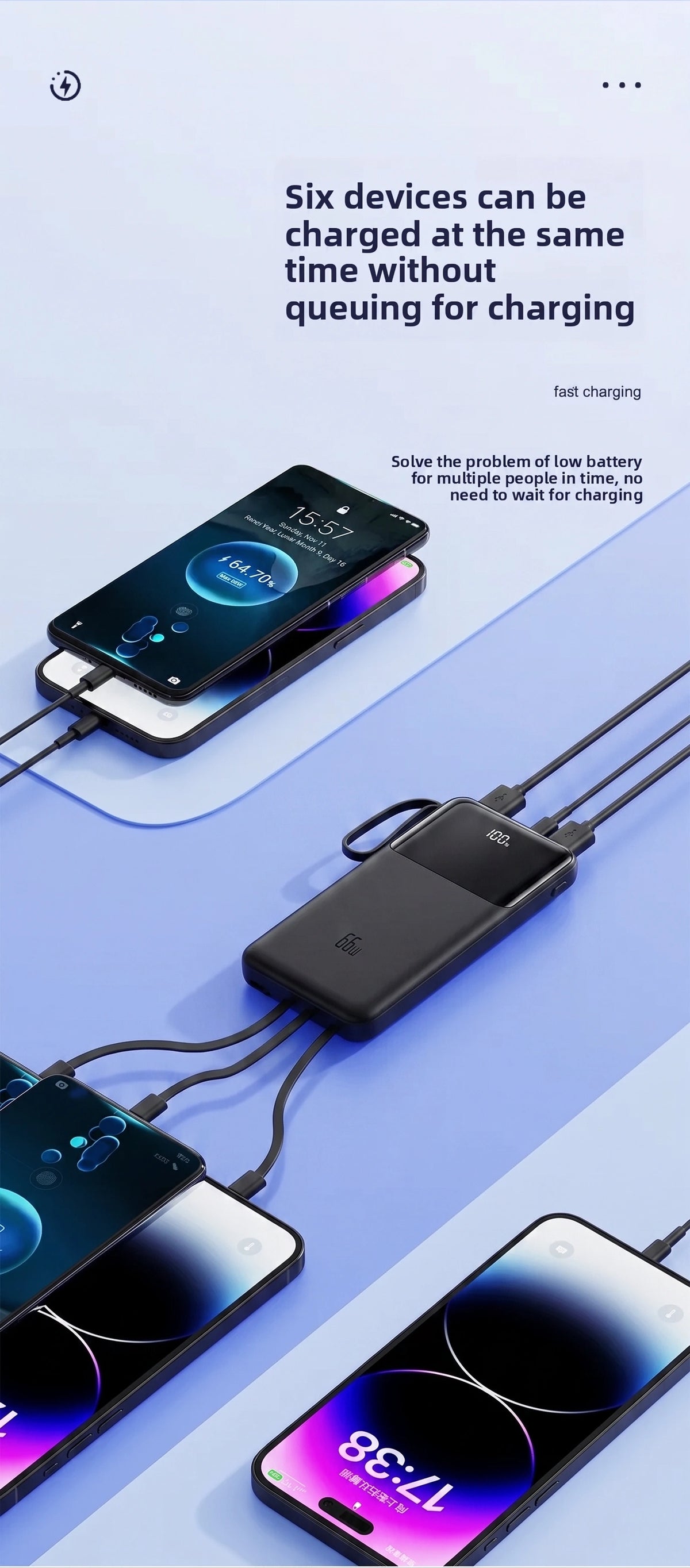 Premium 20000mAh Portable Power Bank | 66W Fast Charge & 4 Built-In Wires