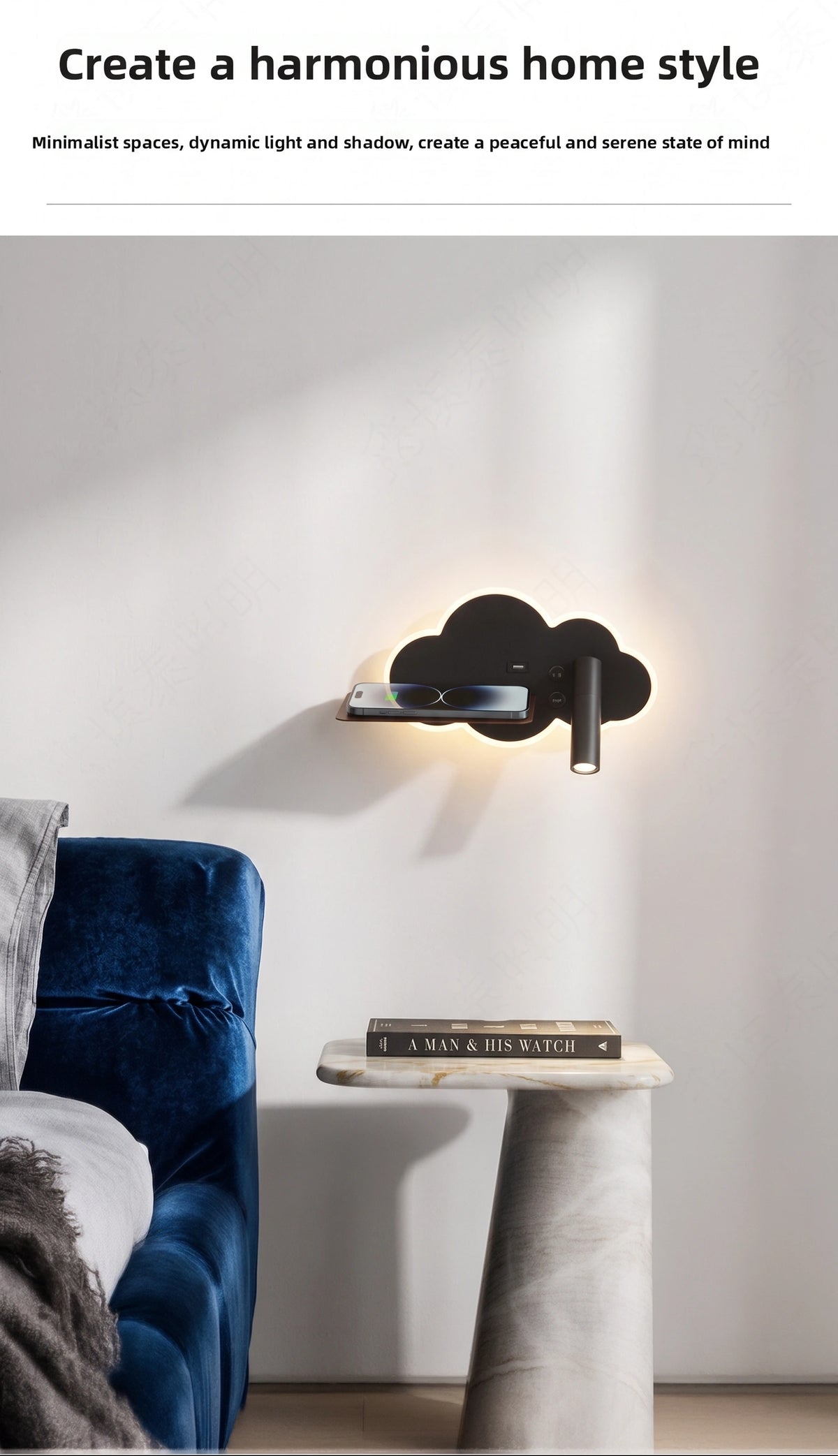 Minimalist Cloud Wall Lamp | 350° Adjustable Reading Light & Floating Shelf