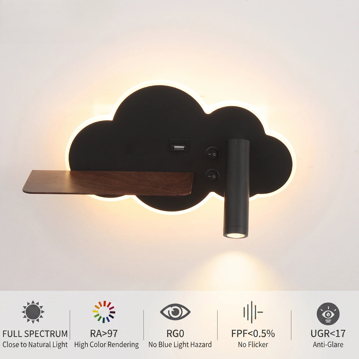 Minimalist Cloud Wall Lamp | 350° Adjustable Reading Light & Floating Shelf
