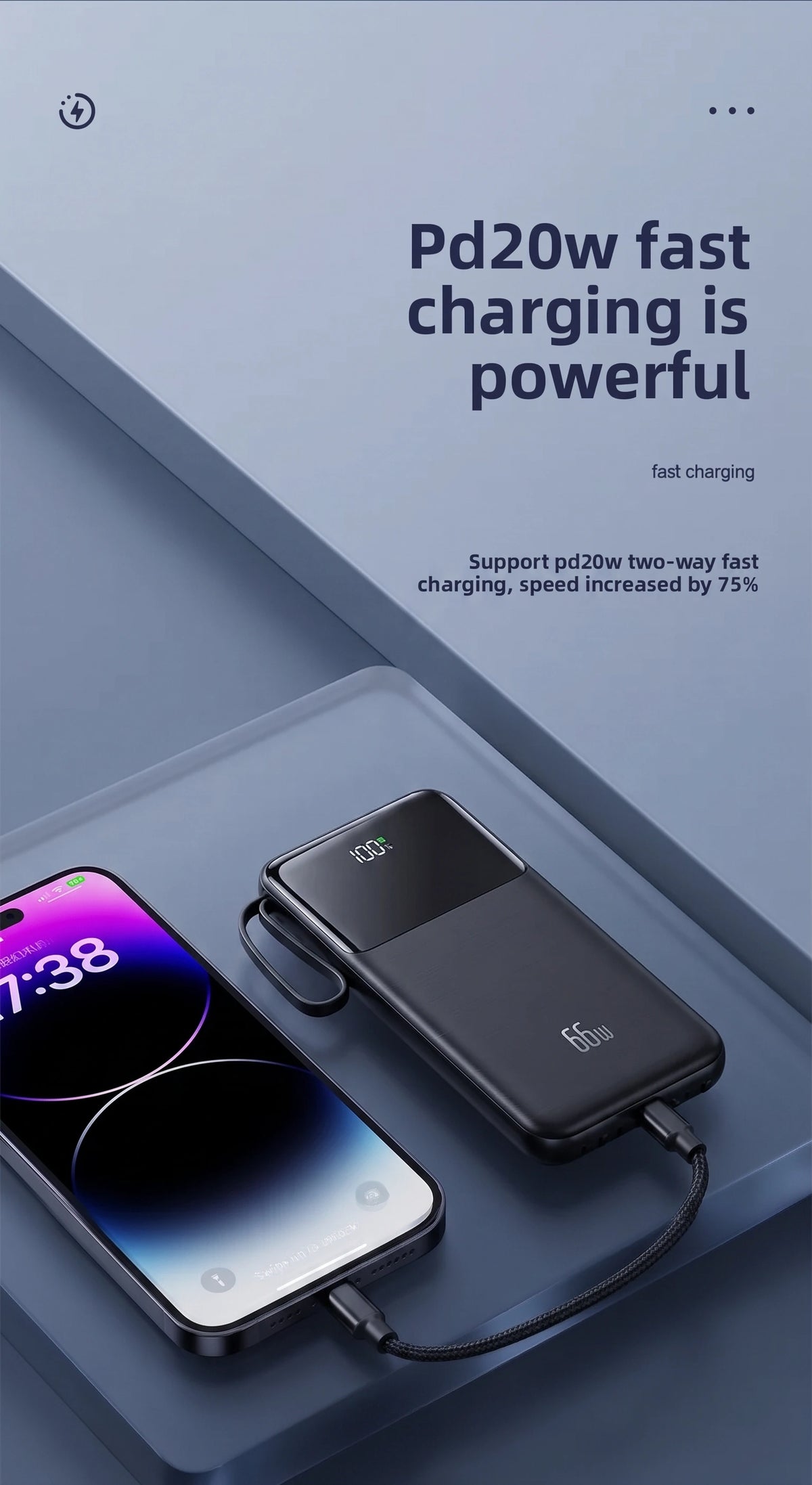 Premium 20000mAh Portable Power Bank | 66W Fast Charge & 4 Built-In Wires
