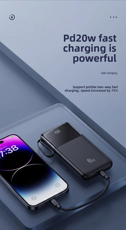 Premium 20000mAh Portable Power Bank | 66W Fast Charge & 4 Built-In Wires