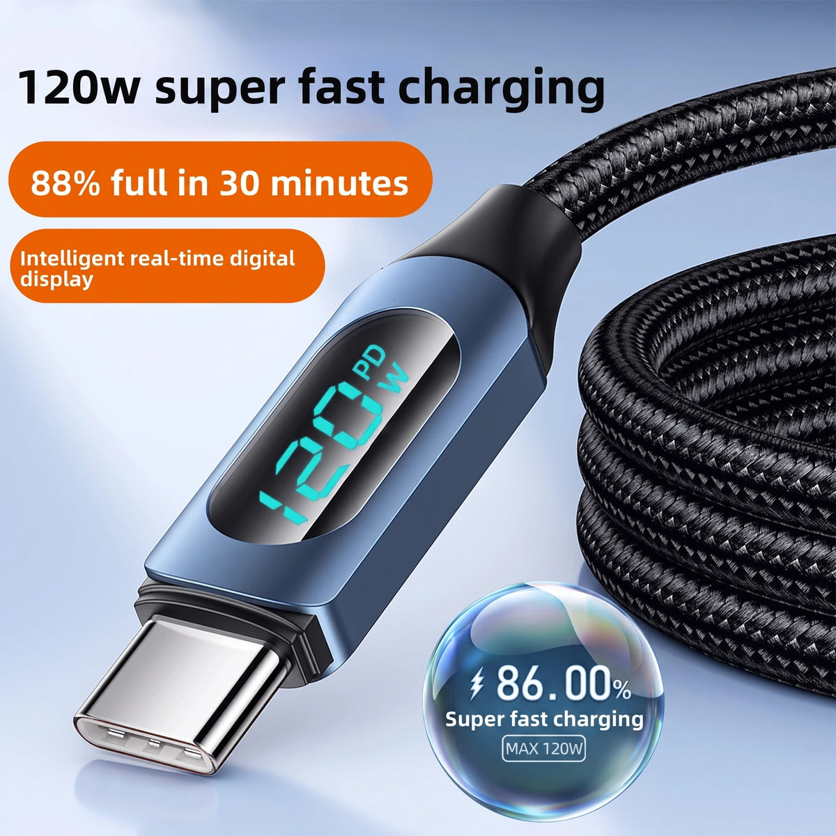 Premium Woven 120W Charging Cable | USB to Type-C with Real-Time Power Display