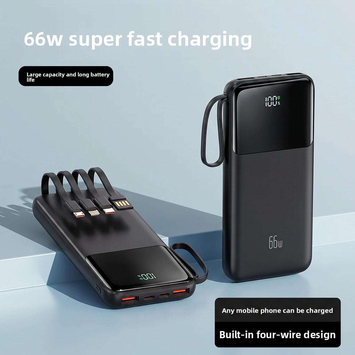 Premium 20000mAh Portable Power Bank | 66W Fast Charge & 4 Built-In Wires