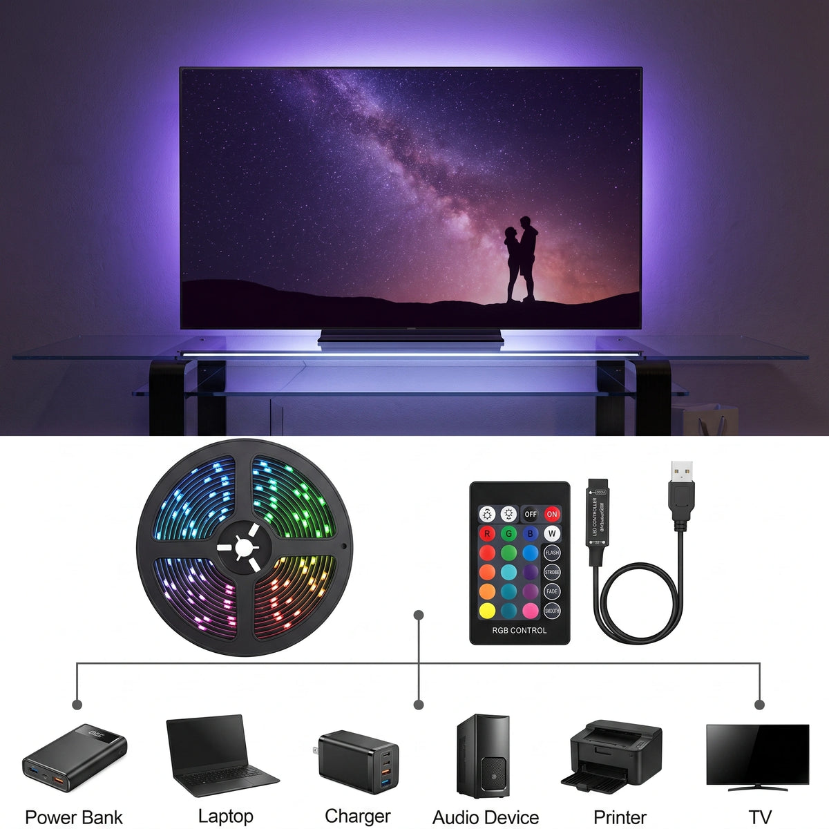 Premium Flexible RGB LED Strip | Dimmable Ambient Lighting with 24-Key Remote