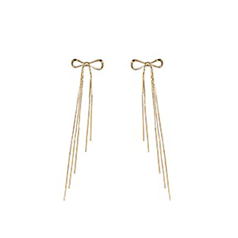 Classic Metal Bow Gold Tassel Drop Earrings