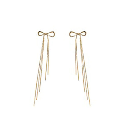 Classic Metal Bow Gold Tassel Drop Earrings