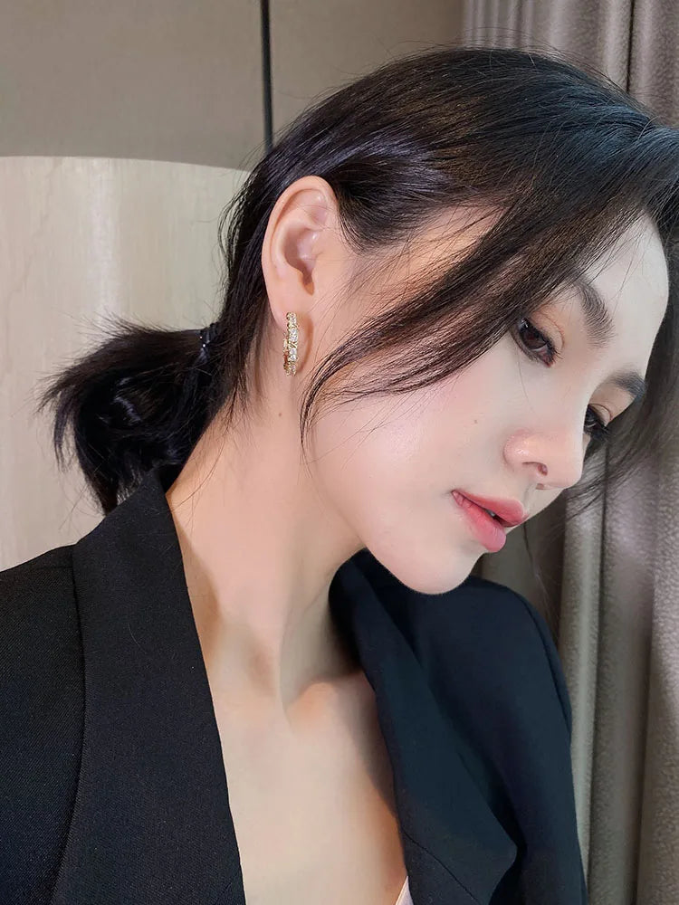 Korean Fashion Simple Zircon Metal Hoop Earrings