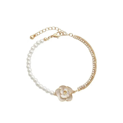 Elegant Camellia Pearl Charm Bracelet
