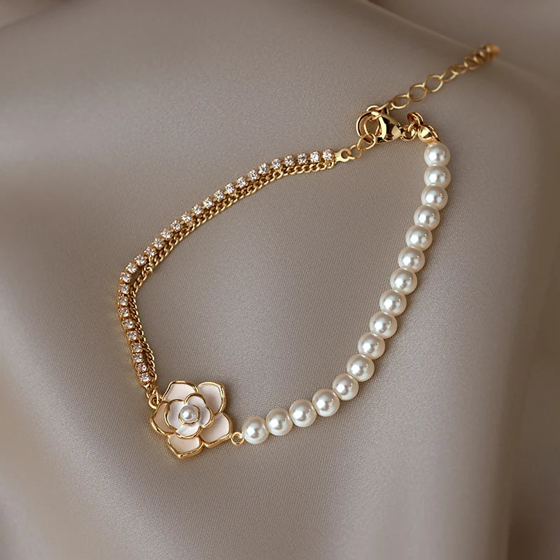 Elegant Camellia Pearl Charm Bracelet