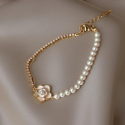 Elegant Camellia Pearl Charm Bracelet