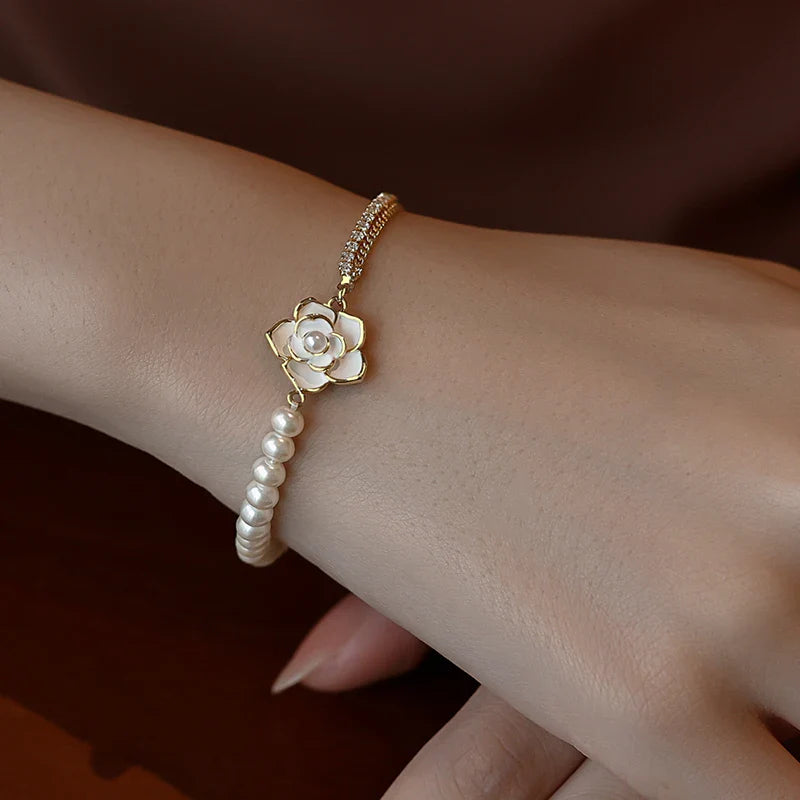 Elegant Camellia Pearl Charm Bracelet