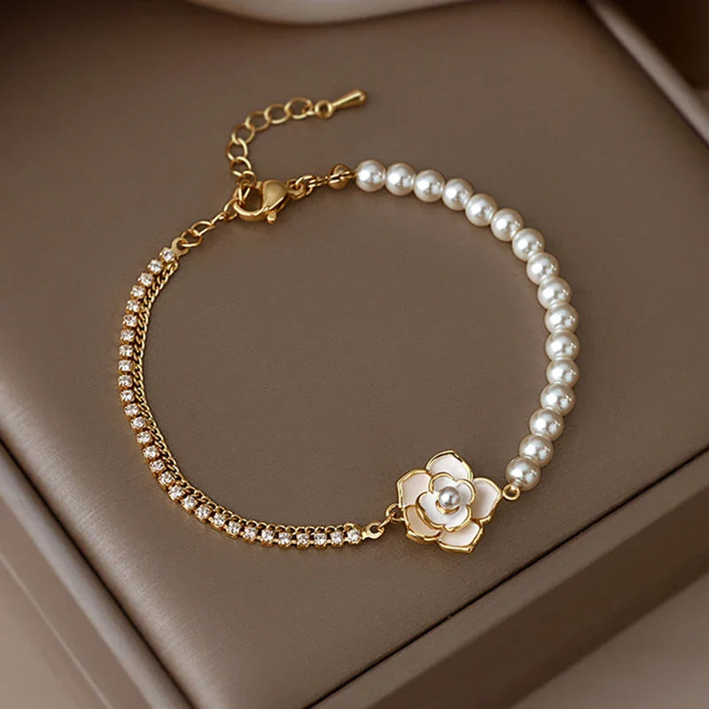 Elegant Camellia Pearl Charm Bracelet
