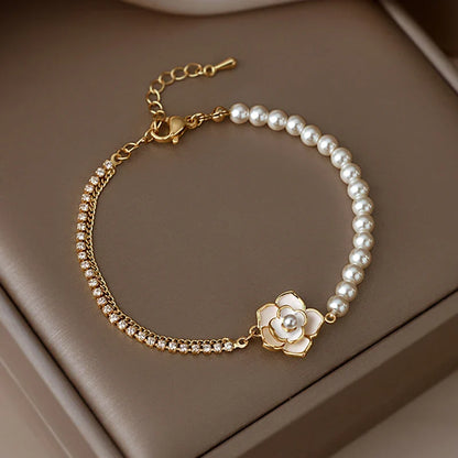Elegant Camellia Pearl Charm Bracelet