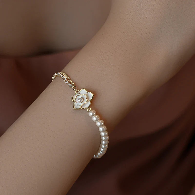 Elegant Camellia Pearl Charm Bracelet