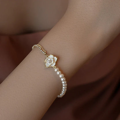 Elegant Camellia Pearl Charm Bracelet