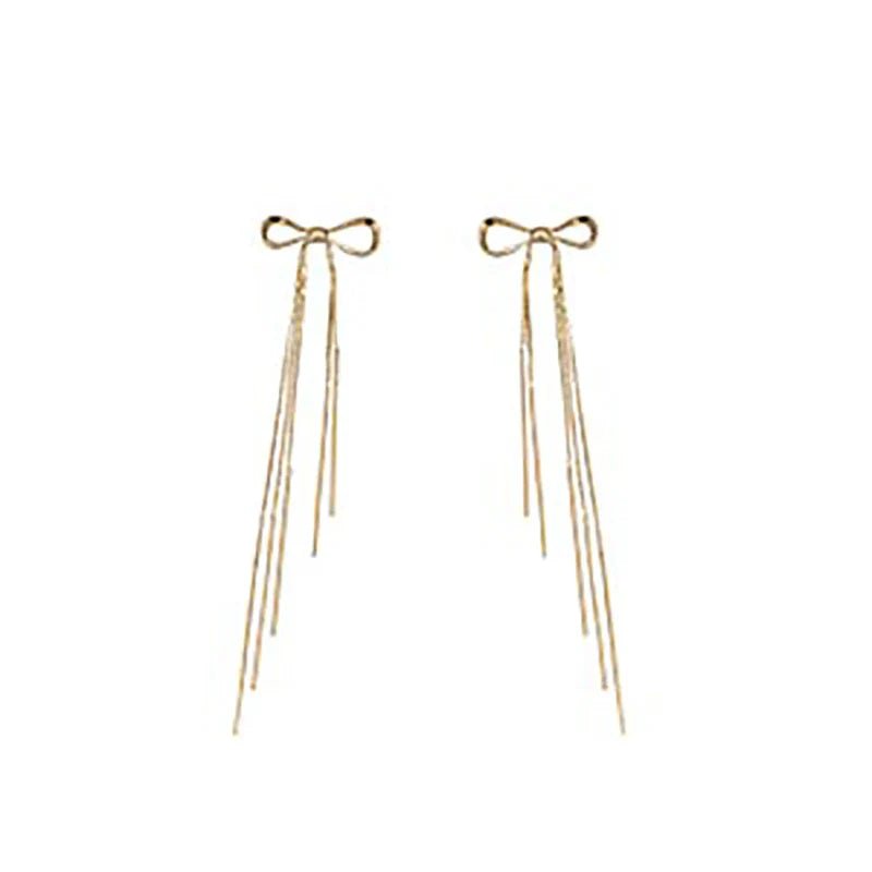 Classic Metal Bow Gold Tassel Drop Earrings - DROVA